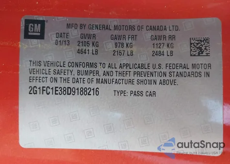 2013 Chevrolet Camaro 2Lt from USA, damaged, VIN 2G1FC1E38D9188216